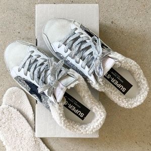 Golden Goose Silver Glitter Shearling Slides - Size 37